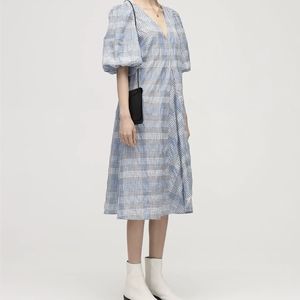 Ganni Check Seersucker Puff Sleeve Dress